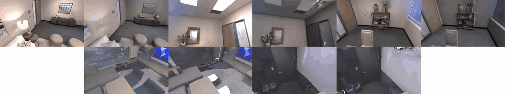 grid of all five benchmark scenes, input video vs reconstruction