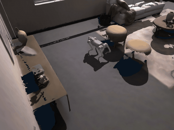 Go2 quadruped traversing the reconstructed room, fixed camera